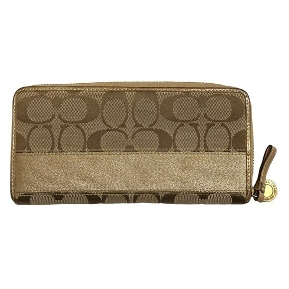 Coach Signature C Khaki Gold Clutch Zipper Accordion Wallet